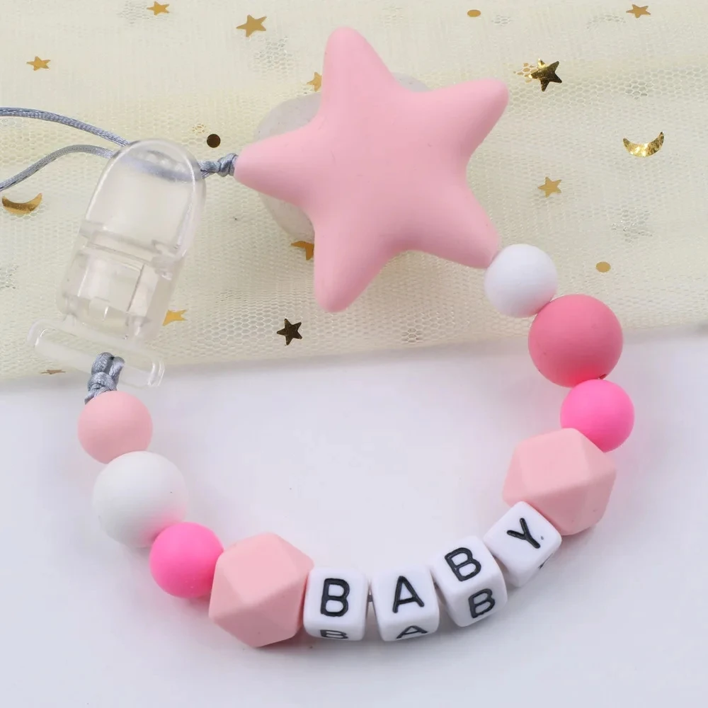 Baby Pacifier Clip Chain Silicone Five Pointed Star Nipple Pacifier Name Holder Baby Newborn Shower Gifts