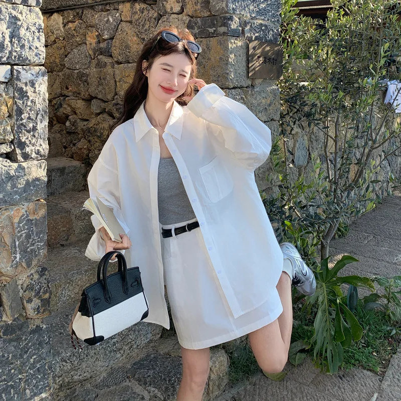 

Spring New Arrival White Shirt + Vest + Belt + Skirt Four-Piece Set Women's Casual Sportswear Korean Style Spring Outfit