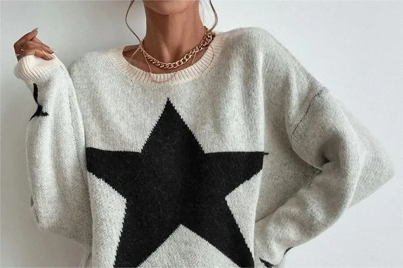 

Five pointed star round neck soft glutinous pullover knitted sweater for women, gray graffiti loose autumn and winter lazy style