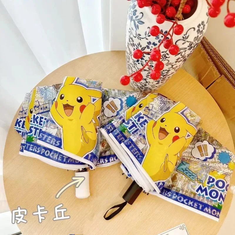 Pokemon Pikachu Umbrella Cartoon Anime Cute Transparent Triple Folding Automatic Umbrella Child Kawaii Home Goods Holiday Gifts