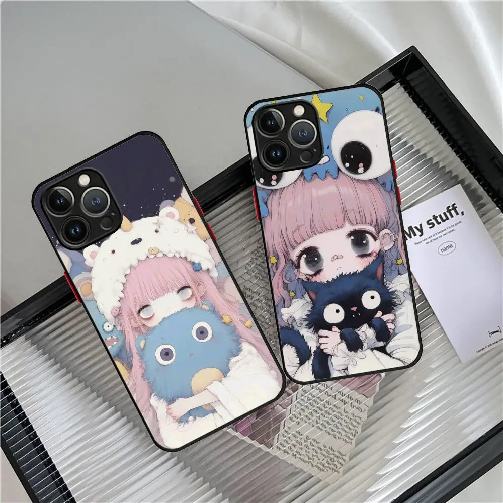 בחורה חמודה עם טלפון חתול מקרה עבור iphone 16 pro 15 14 13 12 x xr xsamax 8 7 בתוספת העור מרגיש crub