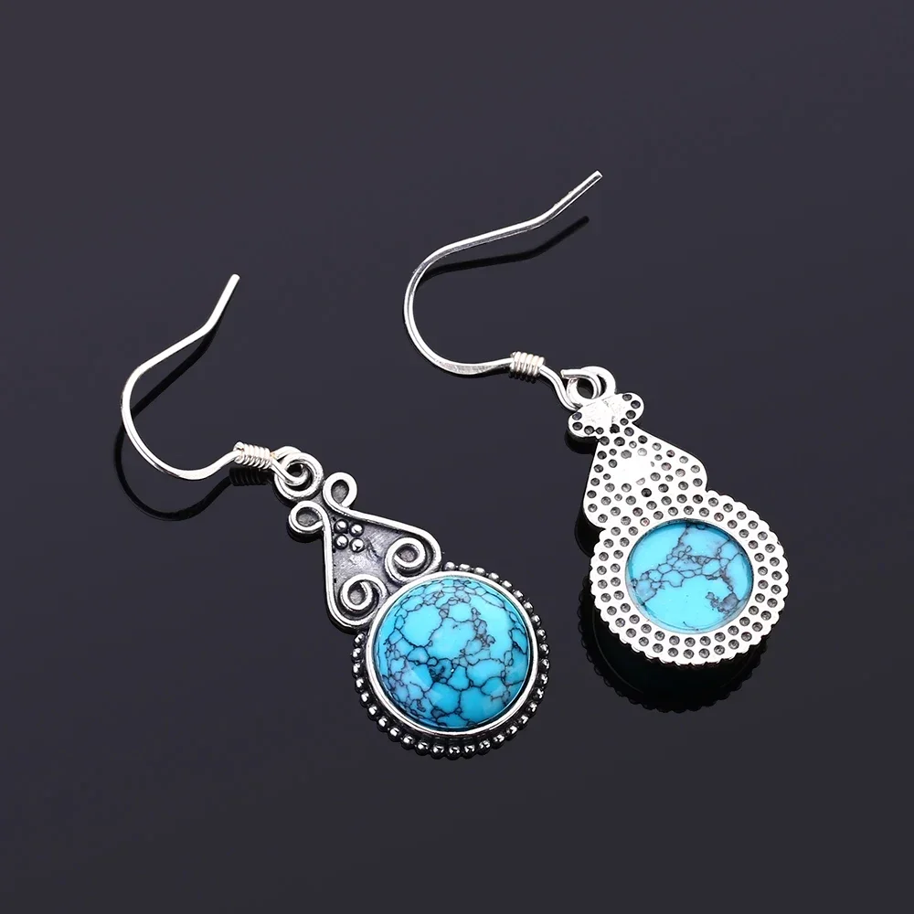 S925 Silver Drop Earring 10MM Round Turquoise Pendant Earrings Vintage Style Engagement Wedding Women Earrings 4