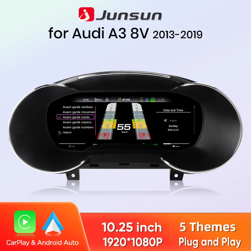 Junsun 1920*720 Digitales Kombiinstrument, kabelloses Carplay, Android Auto, 10,25 Zoll Armaturenbrett für Audi A3 S3 Q2 Q2L 2013-2019 MQB-Plattform, Plug-and-Play-LCD-Panel, Tachometer,