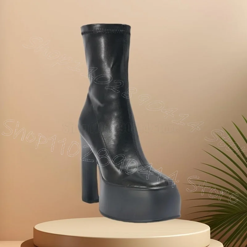 

Black Sewing Design Mid Calf Platform Boots Side Zipper Women Shoes Chunky High Heels New Party Banquet 2025 Zapatos Para Mujere