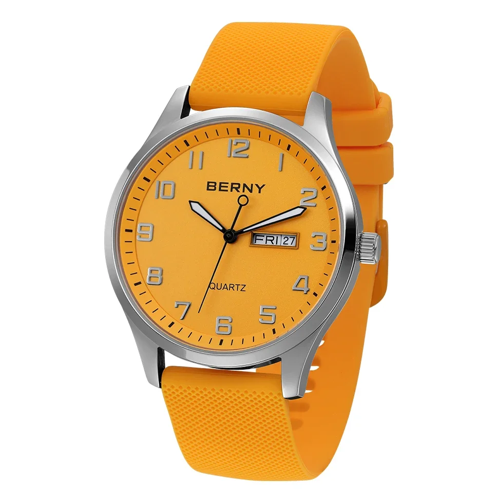 BERNY Watches for Men Quartz Casual Sports Male Watches Soft Silicone Strap Big Dial Calendar Week Easy Read Wristwatch