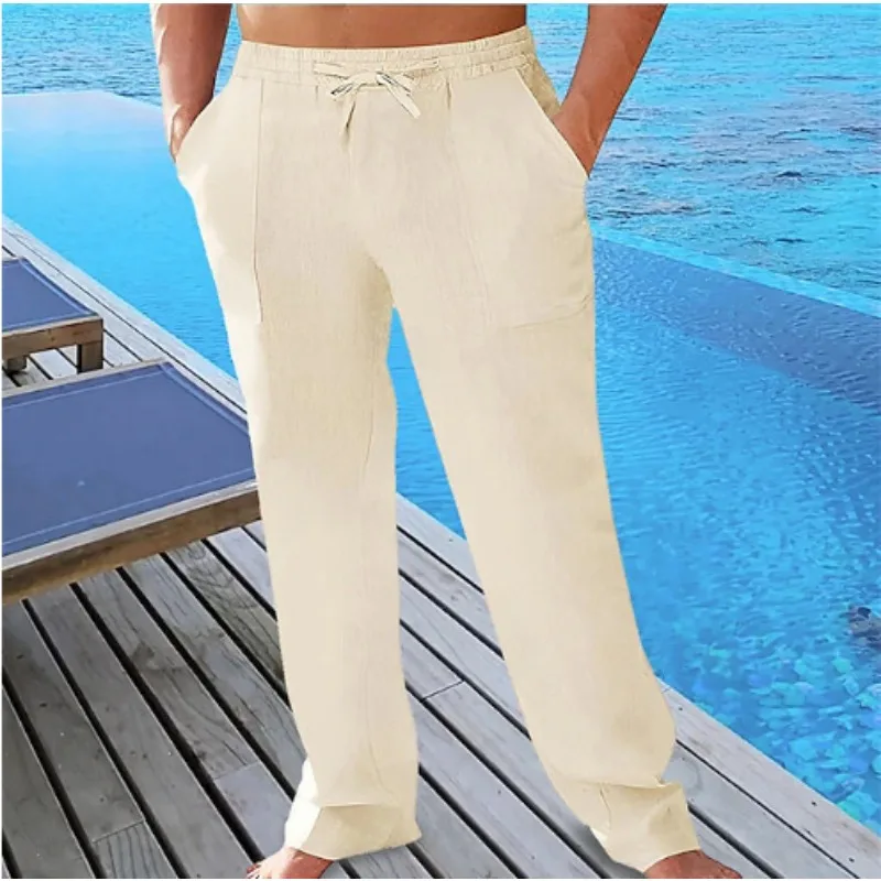 Men's Casual Summer Breathable Pants Waist Drawstring Pockets Linen Trousers Beach Pants