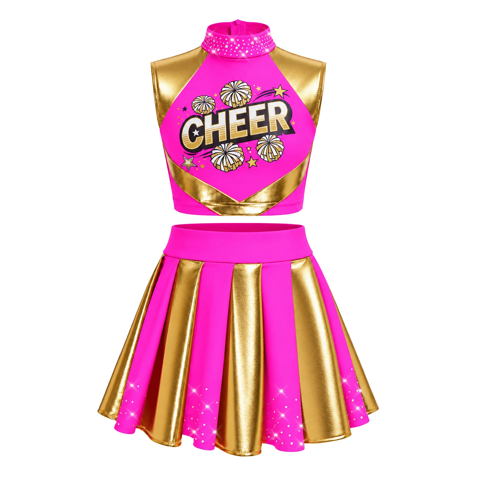 Cheerleader-Kostüm für Mädchen, Cheerleading-Uniform, 2-teiliges Set, ärmelloses Top mit Strasssteinen und „CHEER“-Aufdruck, kurzes Oberteil, plissierter Rock, Tanzoutfit. – Detail 4