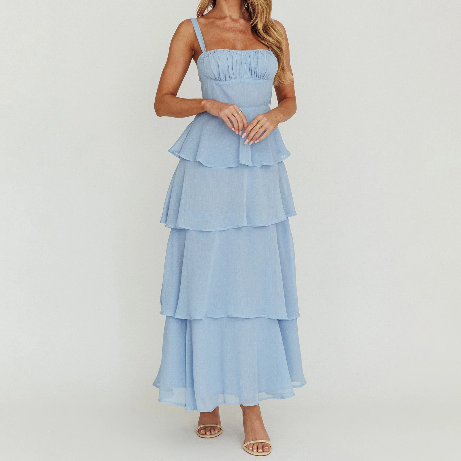 Abito estivo da donna elegante a strati lungo Cami tinta unita senza maniche con cinturino per spaghetti busto smock abito da torta sottile