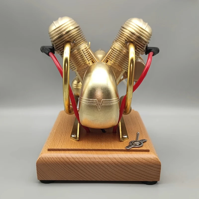 R26 4.3CC V2 Twin Cylinder Engine Model - Mini Metal Motorcycle Engine with Wooden Base - Collectible Hobby Toy Gift for Science