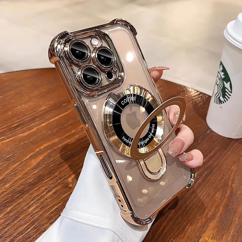 

New Plating Transparent Case For iPhone 16 15 14 13 11 Pro Max Plus Bracket Magnetic Magsafe Shockproof Lens Film Protect Cover