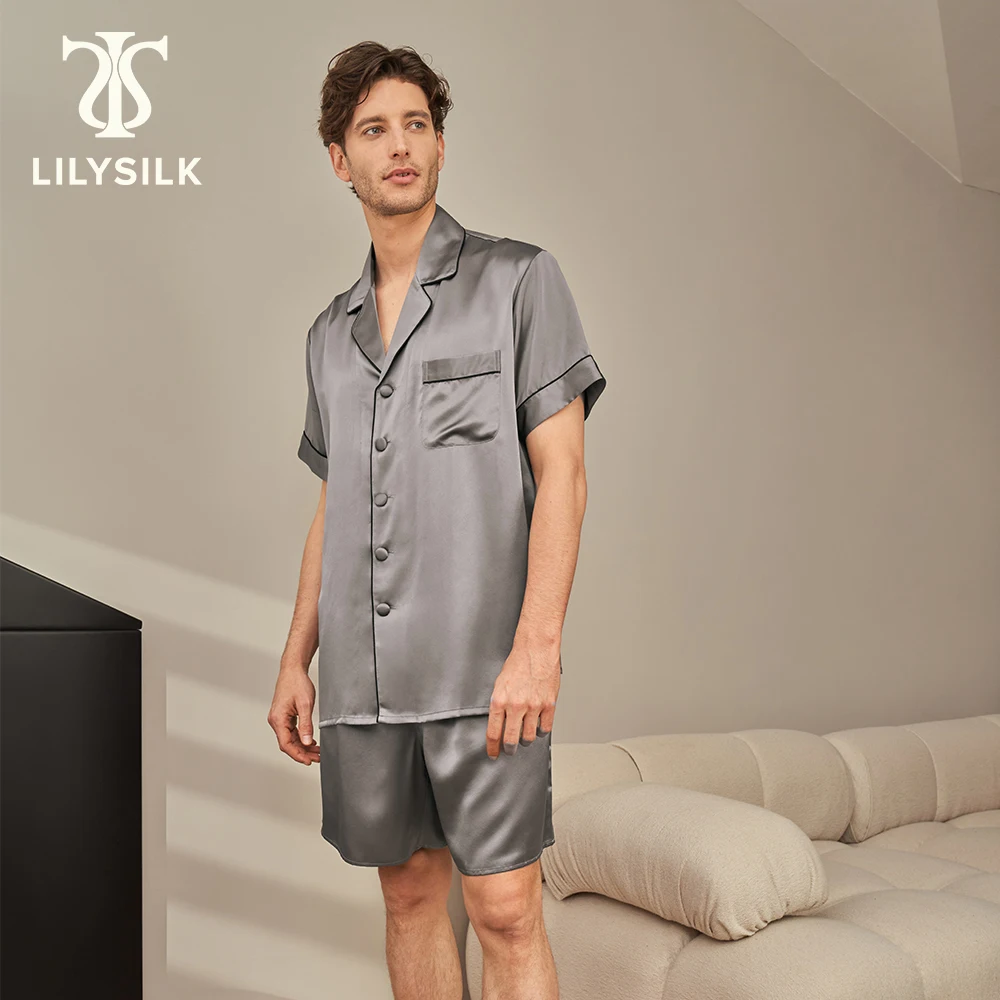 

LILYSILK 100 Silk Pajamas Set Men 22 momme Silk Short Sleeve Male Nightwear Contrast Trim Sleepwear Men's Clothing Free Shipping