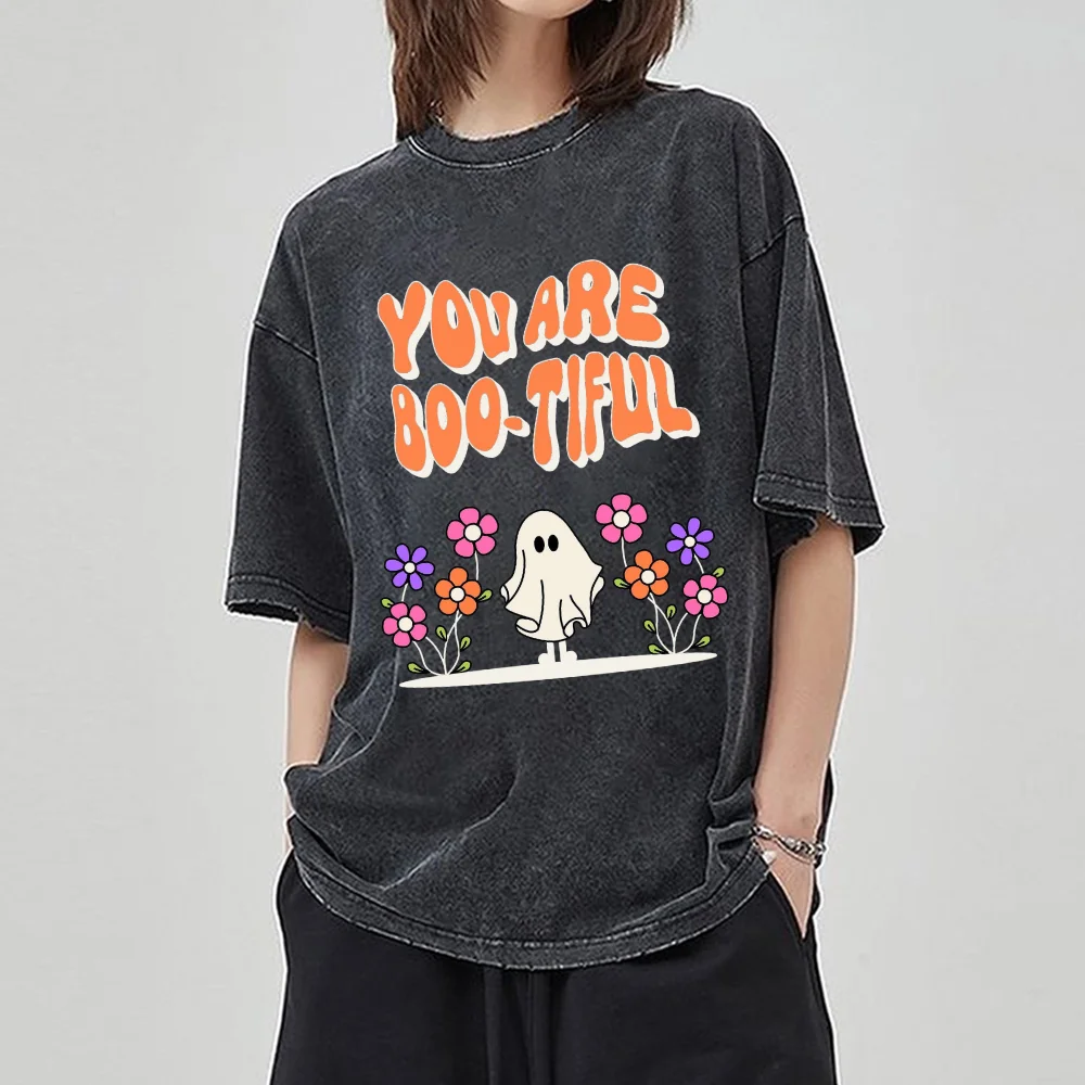Halloween Cartoon Fun Cute Ghost T-Shirt Y2k Graphic Tee Short Sleeve Blouses for Adult Harajuku Casual Style Trendy T Shirt