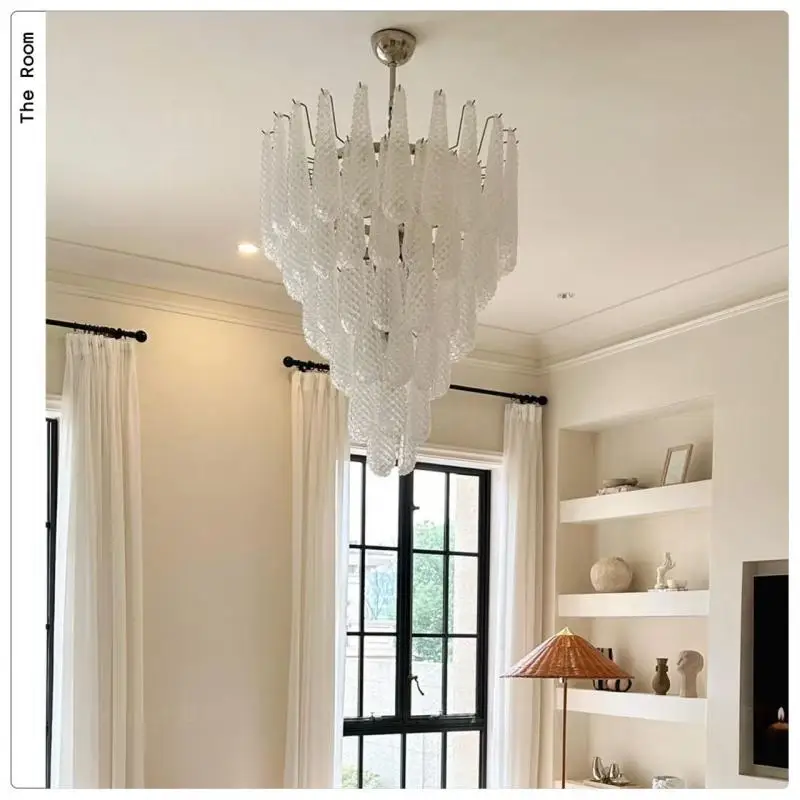 French Luxury Modern Waterfall Textured Glass Chandelier, Murano Style Hanging Pendant Light Suspension Lamp Villa Living Room