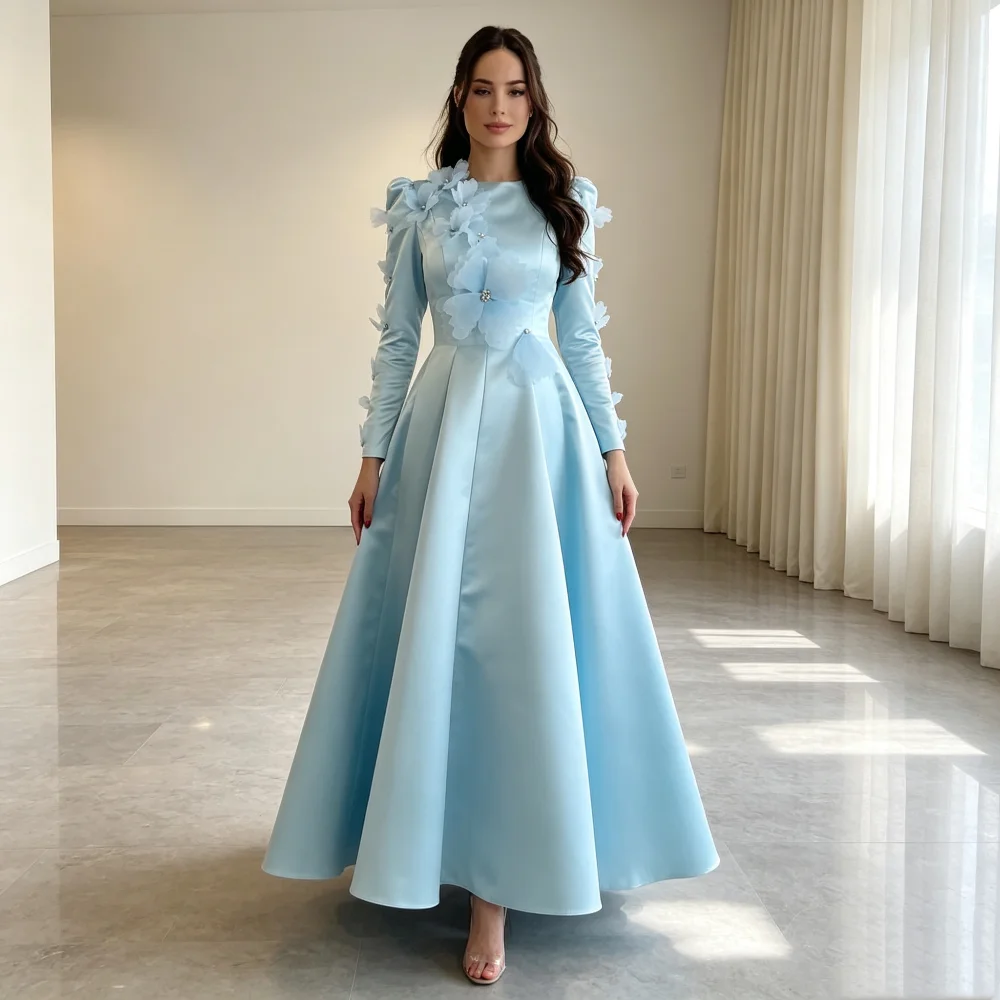 Customized Intricate Fashion Pleat Handmade Flower Crystal A-line Scoop Neck Ankle Length Evening Dresses For Birthday Party
