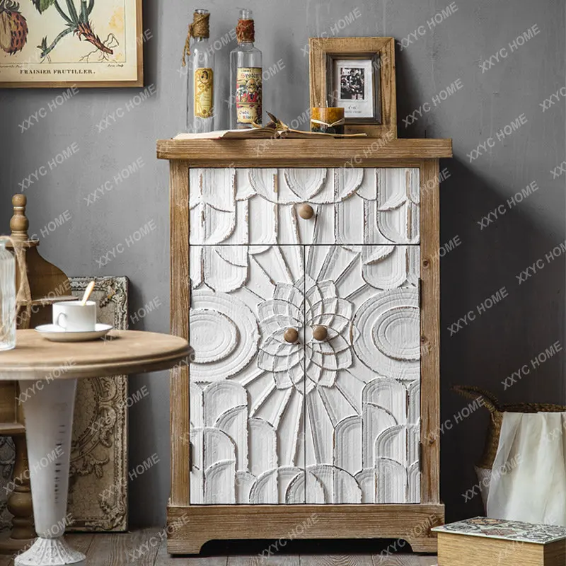 Solid Wood Sideboard Vintage Engraving Side Cabinet Wall Storage Cabinet Living Room Sofa Distressed Corner Cabinet