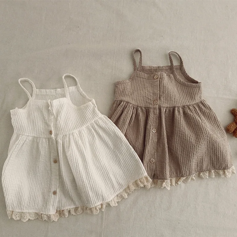 2026 Summer New Girls Sleeveless Lace Sling Dress Cotton Children Solid Suspender Dress Baby Girl Princess Dress Kids Clothes