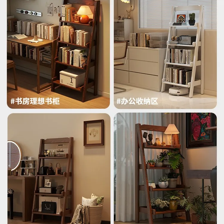 Solid wood trapezoidal bookshelf floor shelf, multi-layer storage display shelf stepped bookcase