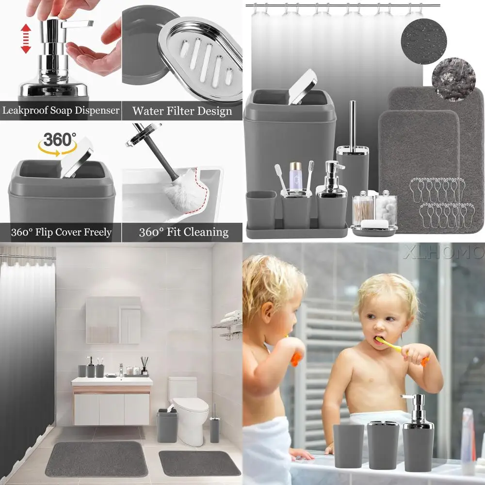 

Elegant Grey Bathroom Accessory Set: Shower Curtain, Rugs, Waste Bin, Tray, Dispenser, Soap Dish, Toothbrush Holder, Cup, Toilet