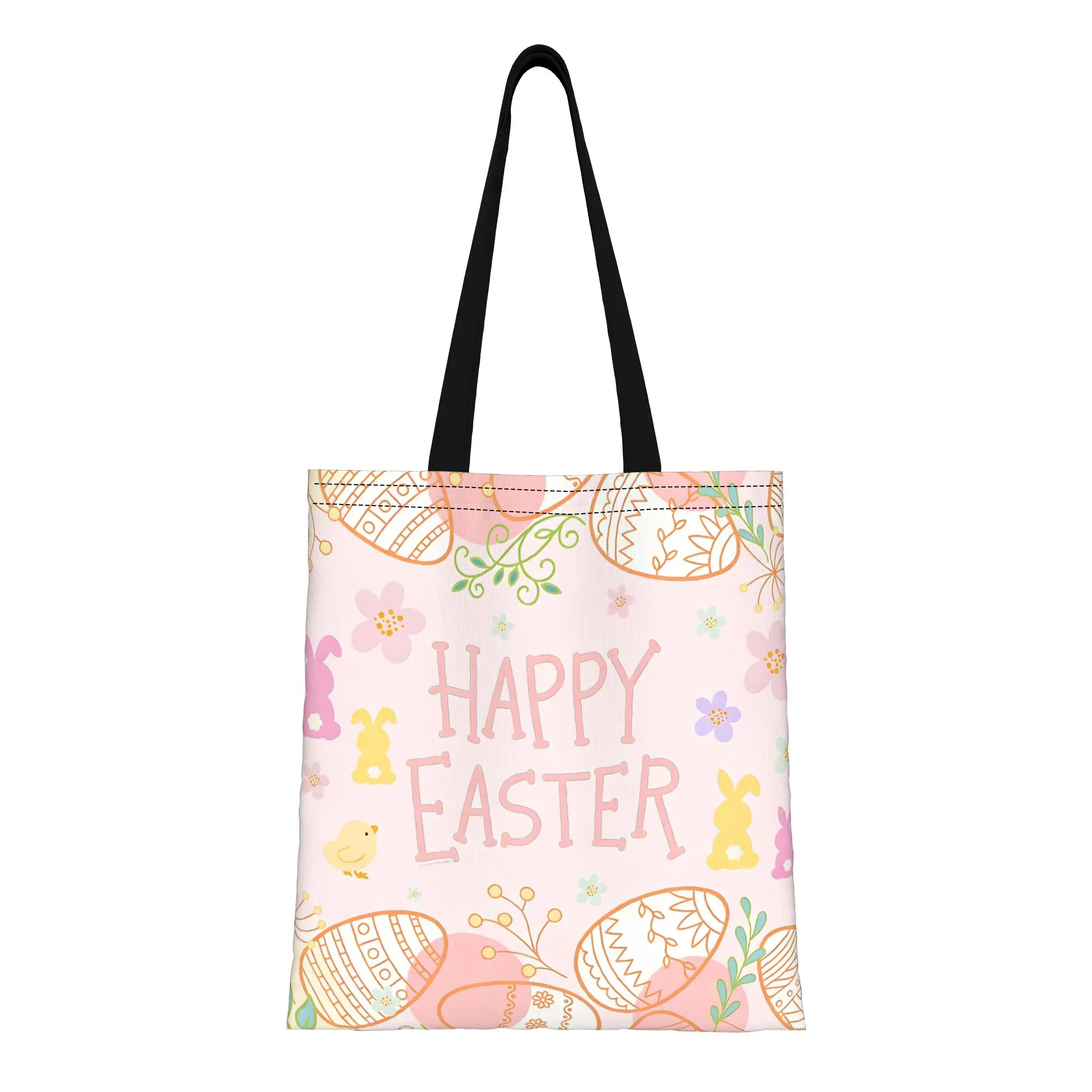 1PC Large Capacity Flower Bunny Easter Bunny Vibes Canvas Tote Bag Foldable Chic Pattern No Closed Design