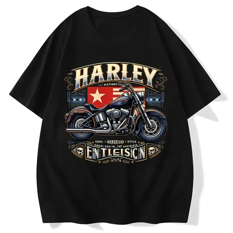 

2025 New Harleys Motorcycle American Fashion Brand T-shirt Skull Stars Street Super Hot Trend Gangshuai InsT Marlet