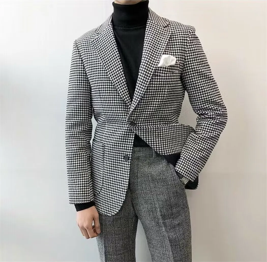 Blazer informal ajustado para hombre, chaqueta de traje de hombre de negocios de estilo a la moda con pata de gallo, solapa de muesca, abrigo de boda a cuadros para graduación, 1 ud.
