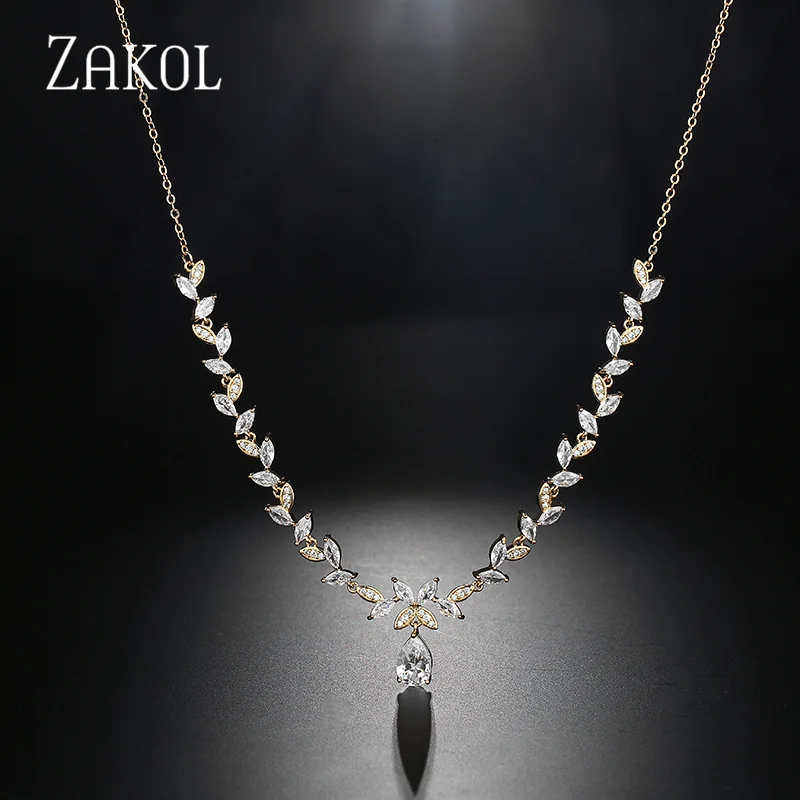 ZAKOL Luxury Exquisite Marquise Cut Cubic Zircon Leaf Necklaces For Women Fashion Bridal Wedding Party Jewelry Accessories