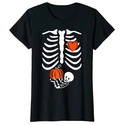 Womens Skeleton Baby Pregnant Xray Rib Cage Halloween Costume T-Shirt Pregnancy Announcement Aesthetic Clothes Wife Funny Tees