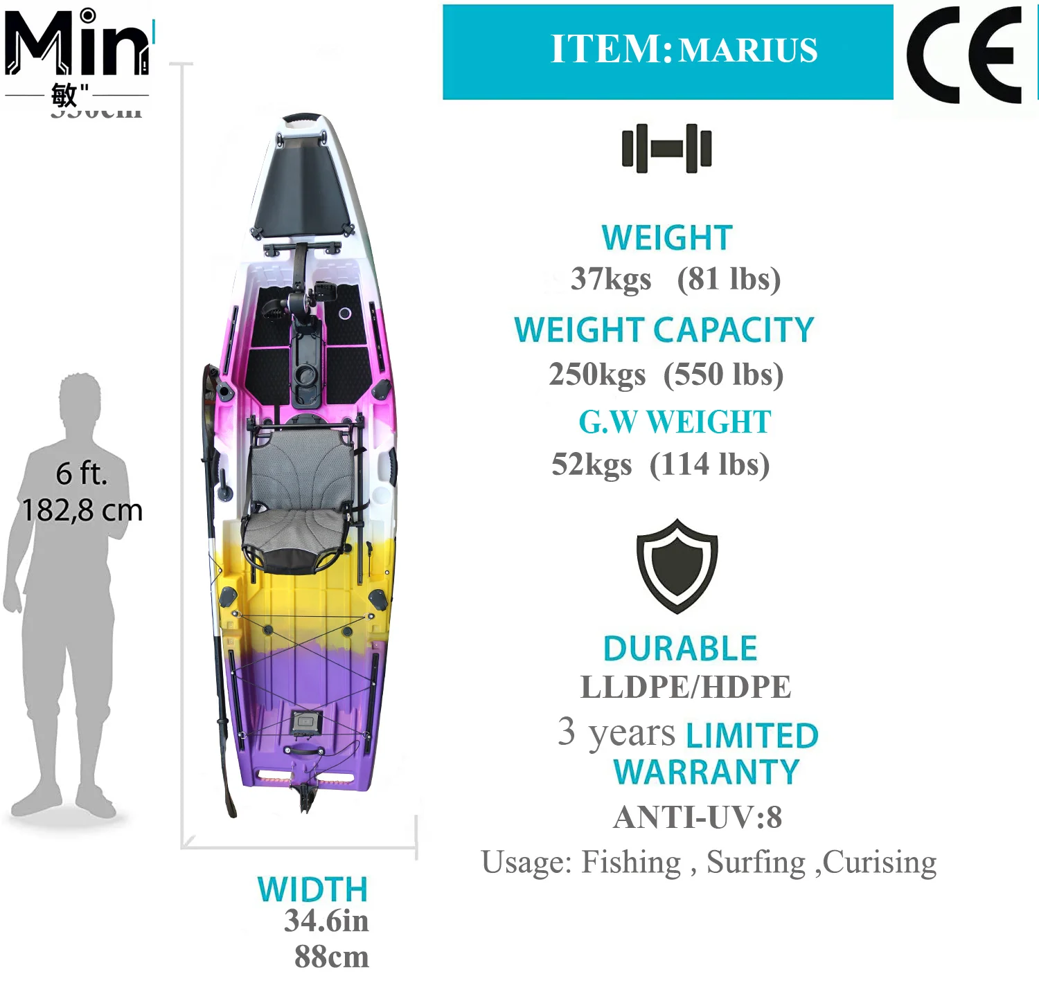 Vicking 10.5ft Single Sit On Top Pedal Drive Fishing Kayak HDPE Plastic Ocean Tour Kayak CE Certified 37kg Customizable