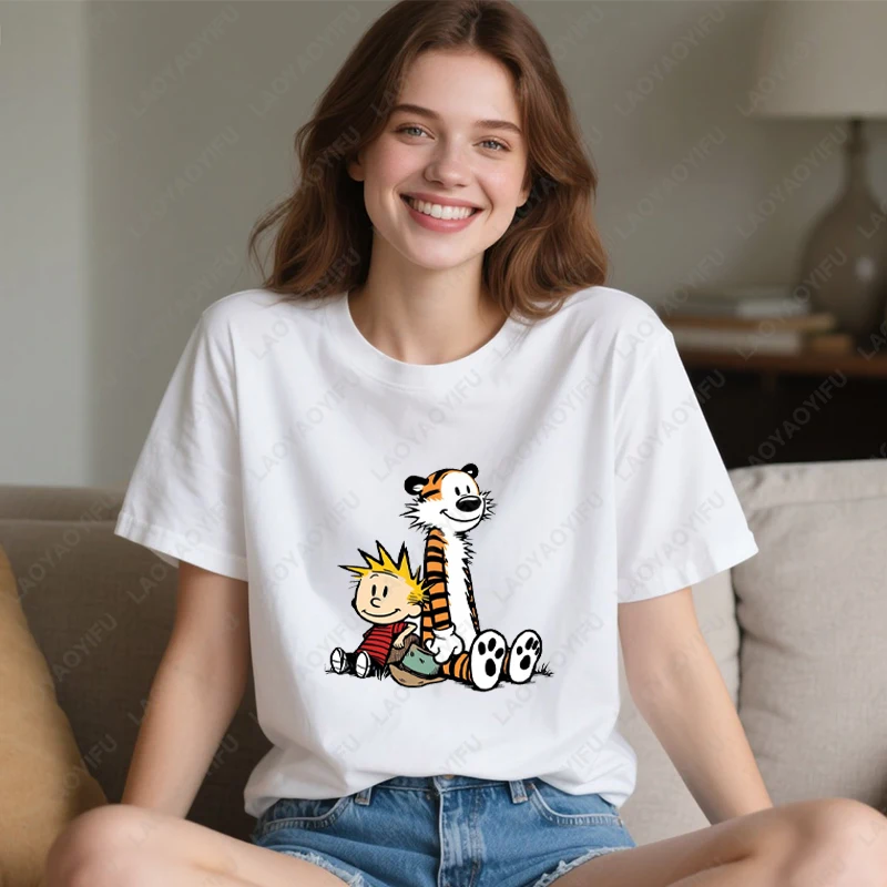 Camiseta Vintage de los años 90 de Calvin Hobbes, ropa de cómic Kawaii para amigos, camisetas simples informales de moda para hombres y mujeres, Tops de algodón de alta calidad