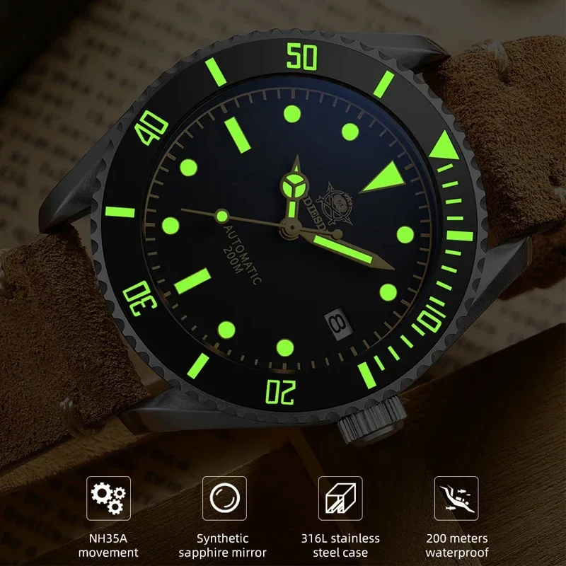 Addiesdive Business Ad2101 Herren Automatik uhren Vintage Leder 200m Tauchen mechanische Uhren Luxus Nh35 Saphir Armbanduhr
