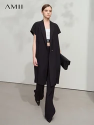 AMII Minimalist Vest For Women 2025 Autumn New Solid Office Lady Lapel Loose Shoulder Short Sleeve Mid Length Jacket 12541054