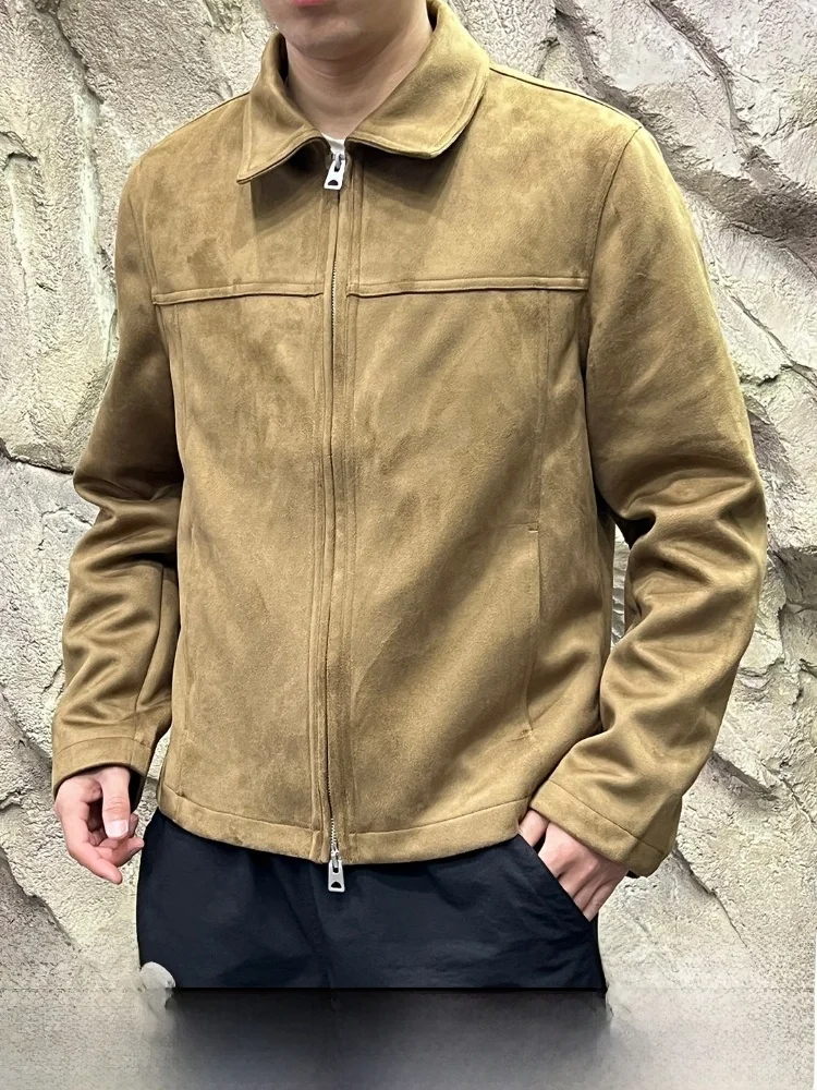 

Fashionable Short Men's Suede Jacket Luxury Vintage Style Spring Outerwear Polyester Fiber Long Sleeve Zipper Closure Coat