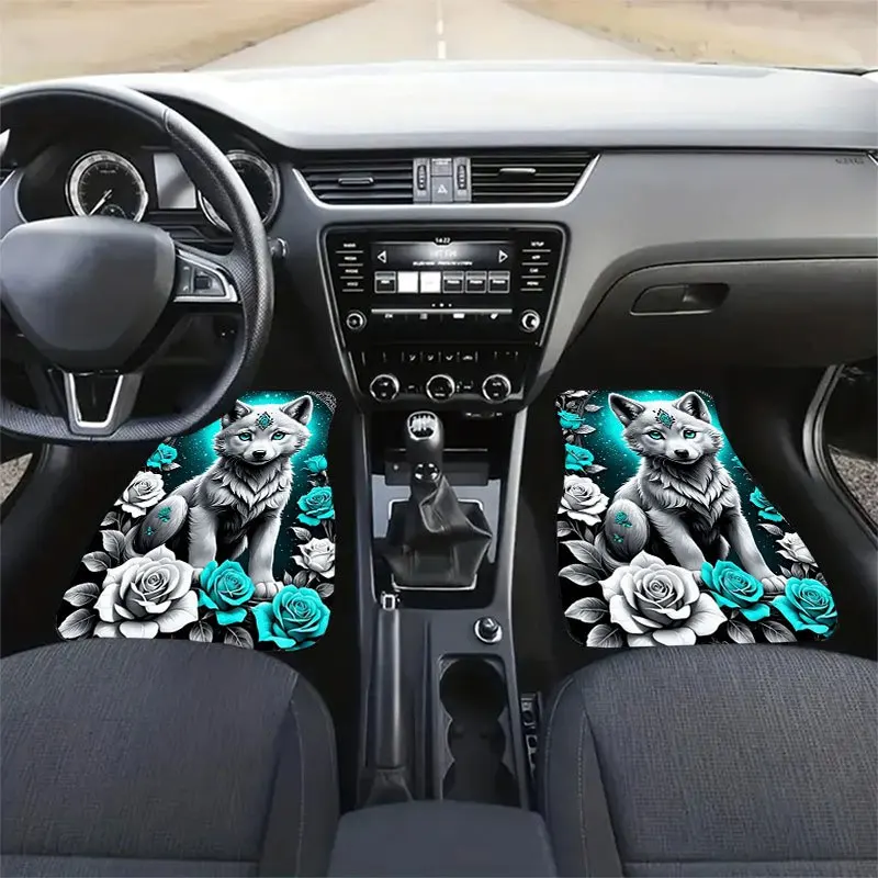 4pcs Of Dream Wolf And Rose Patterned Car Floor MATS 4pcs Set, Universal Anti-Slip Crystal Velvet Material, Decorate The Interio