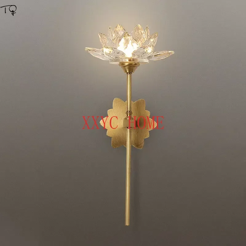 Chinese Classical Copper Crystal Lotus Flower Wall Lamp LED E14 Zen Art Decorative Wall Mounted for Living Room Bedroom Study