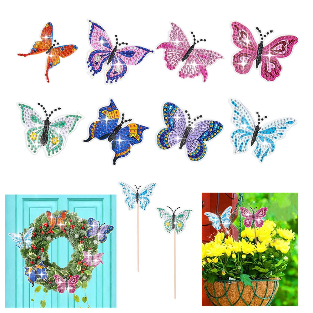 8 Stuks Vlinder Diamant Kunst Diy Set Van 8 Foto Kits Met Bamboe Stokken Kunst Ambacht Ornament Voor Tuin Home Decor