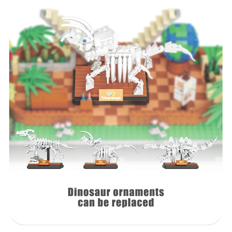 Creative Dinosaur Fossils Museum Triceratops Model Building Blocks T Rex Dino Ornament Display Mini Bricks MOC Toy Children Gift