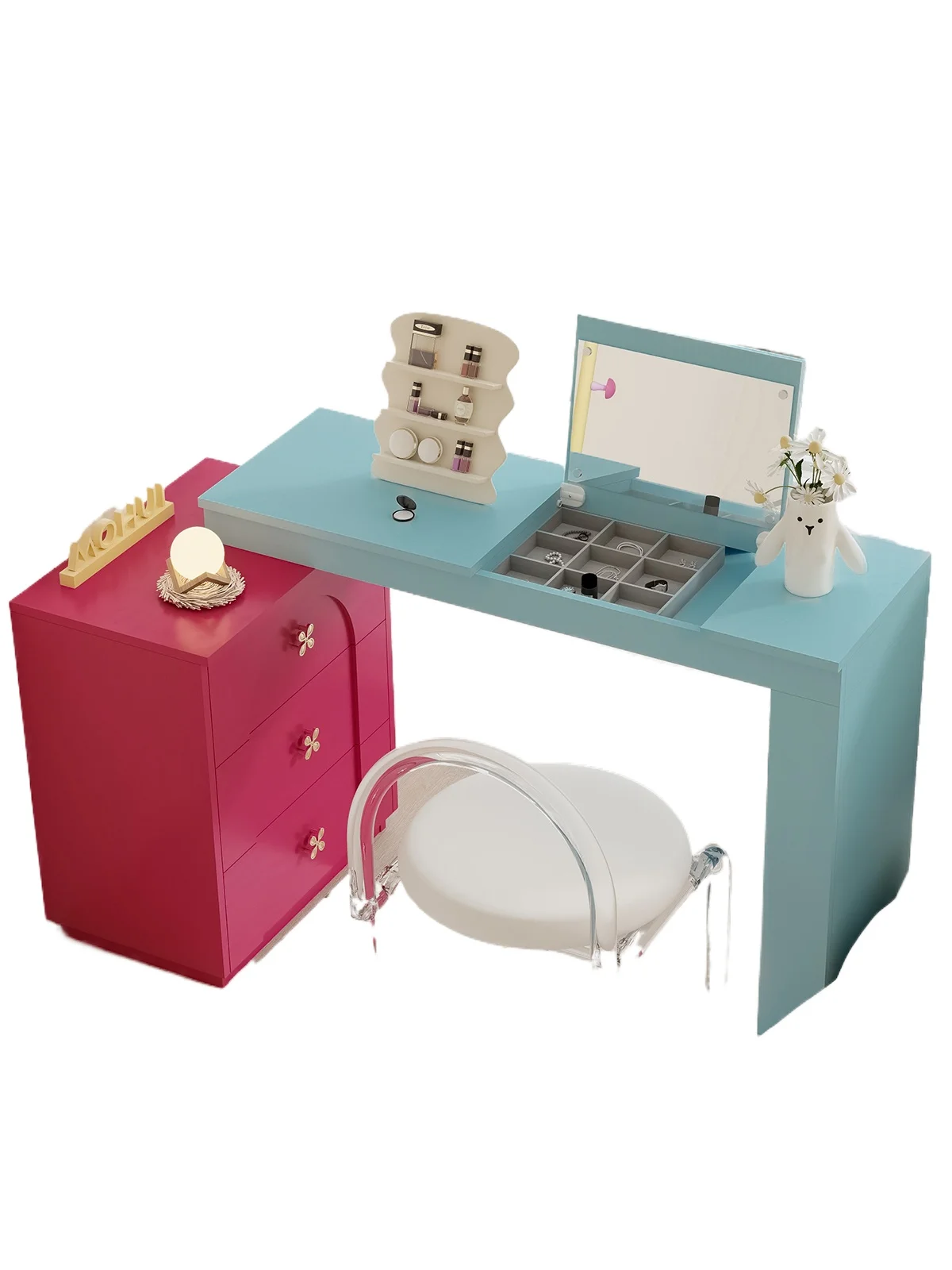 

Rose sea salt dresser bedside integrated chest desk bedroom makeup mirror storage table retractable dresser mirror