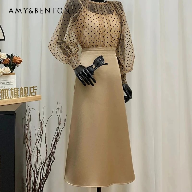 

2026 Summer Long-sleeved Crew Neck Polka Dot Flocked Women's Top Temperament Slim Versatile Long Dress Two-piece Suit Ladies
