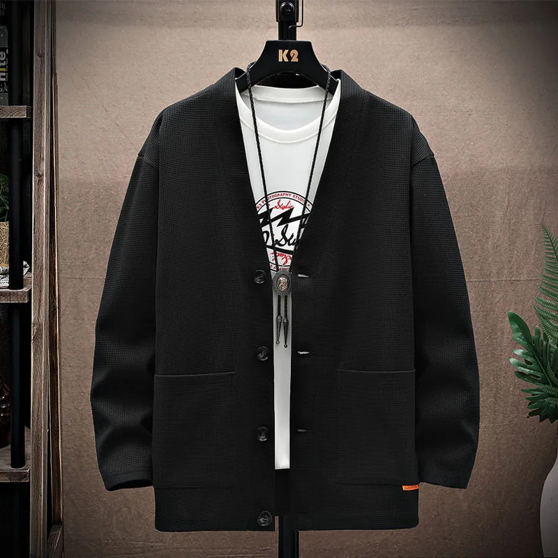 Cardigan coat Spring and autumn new single-breasted long-sleeved cardigan hoodie men's jacket Waffle extra set men M-5XL