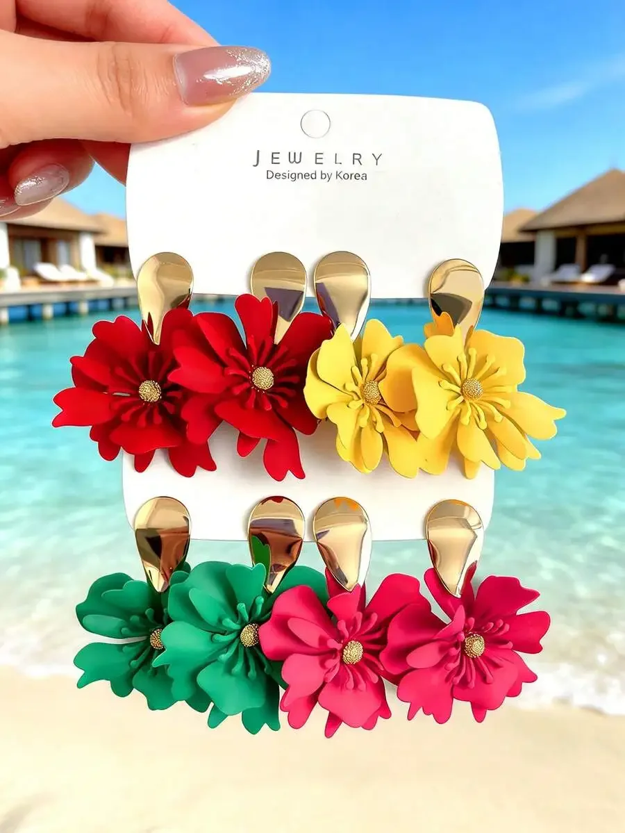 

4 Pairs Colorful Flower Drop Earrings For Women Daily Wear