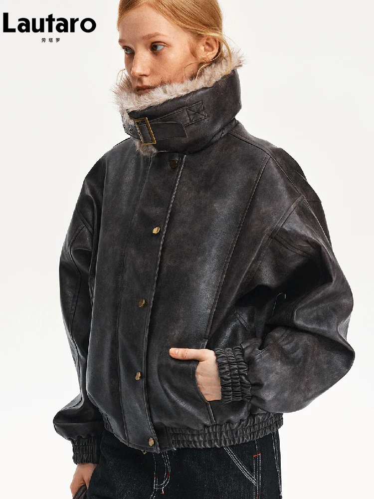 Lautaro Autumn Winter Cool Oversized Short Quilted Warm Vintage Distressed Brown Pu Leather Jacket Women with Faux Fur Collar