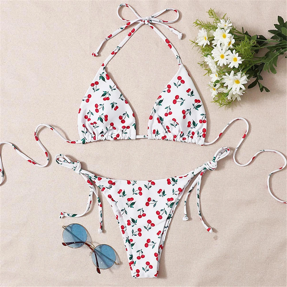 Halter Triangle Sexy Bikini Sets 2023 Women Patent Leather Glitter Swimsuit Summer Solid G-String Swimwear Side Lace Up Monokini