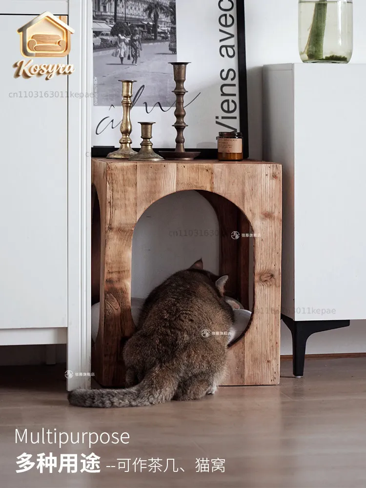 Japanese Solid Pine Shared Accent Stand for Human & Cat, Integrated Cat Nest Sofa Side Rack, Creative Corner & Bedside Unit
