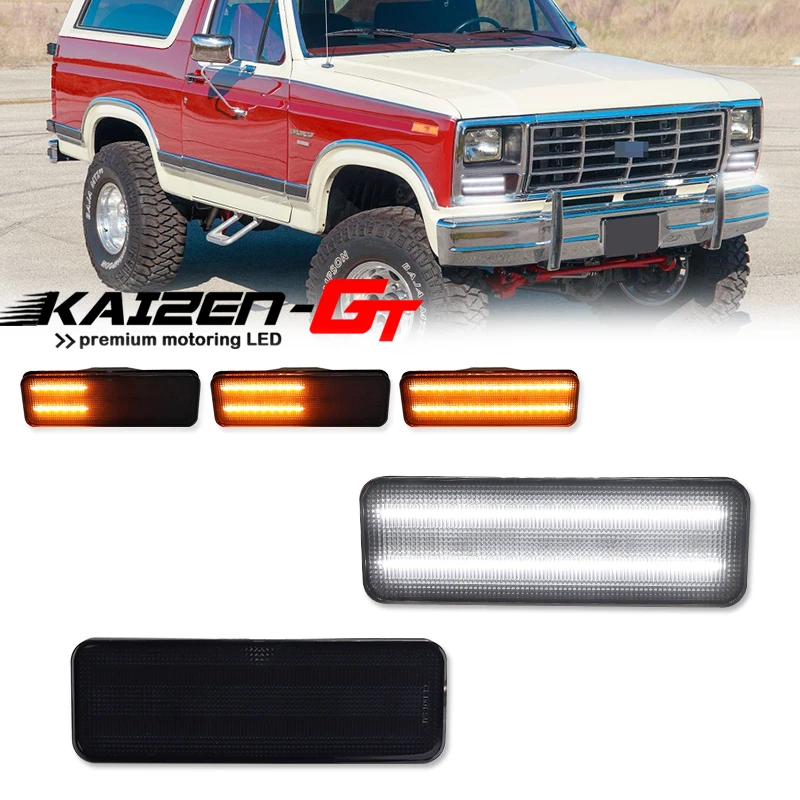 Switchback Amber Dynamic LED Front Turn Signal Lights w/ White DRL For 1980-1986 Ford Bronco, For 1980-1986 Ford F150 F250 F350