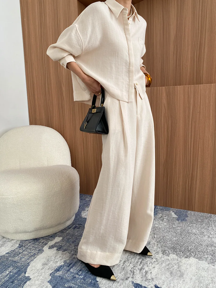 

2025 Spring and Autumn Women's Casual Solid Color Collar Long Sleeve Pocket Decoration Loose Shirt+High Waist Wide Leg Pants Set