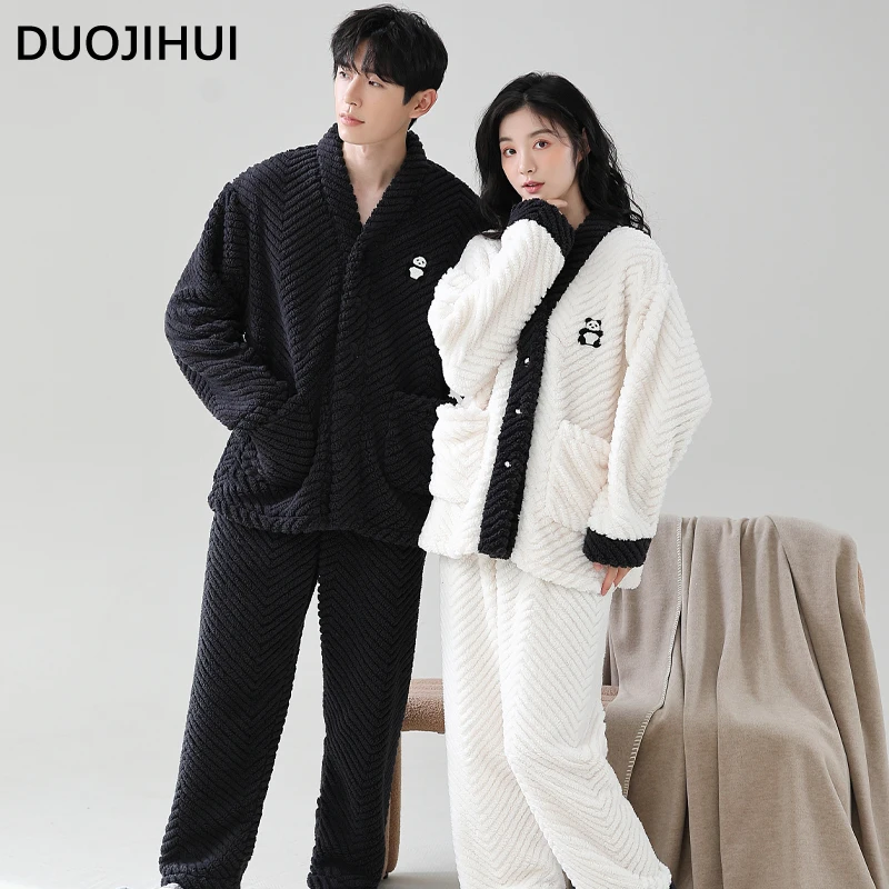 DUOJIHUI New Couple Clothes Winter Soft Pajamas for Women Chic Print Basic Pocket Loose Simple Casual Fashion Female Pajamas Set