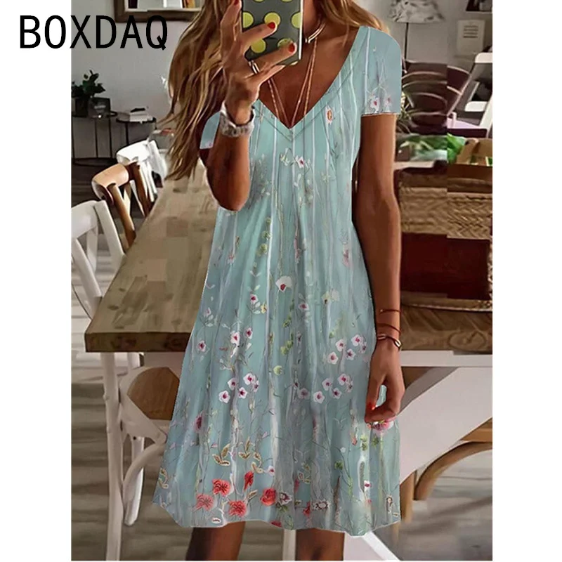 Retro Elegant Women's Dress 3D Floral Gradient Splice Mini Drees Summer Short Sleeve V-Neck Casual Dress Big Size Vestidos