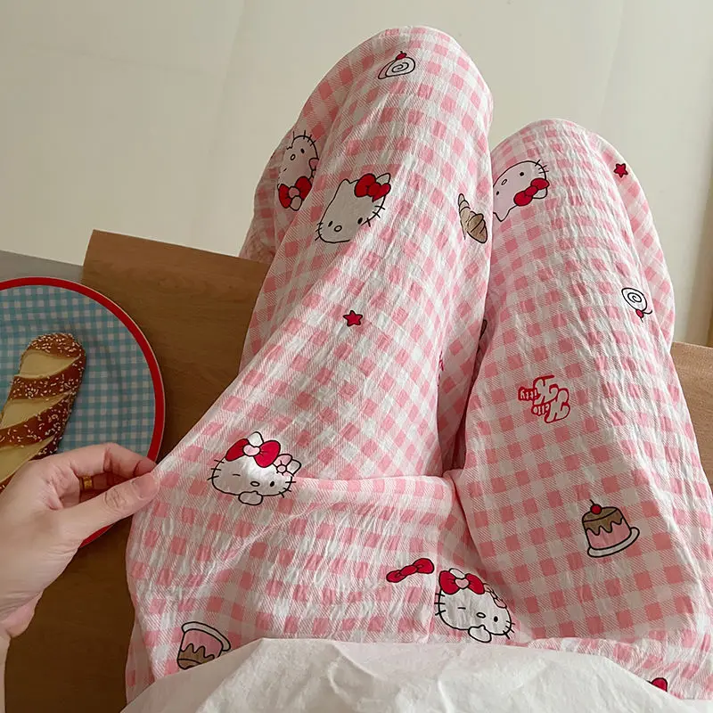 

Ins Wind Cute Lattice Kitty Pajama Pants Girls Summer Thin Model Casual Pants Loose Comfortable Go Out Walk Home Pants Trousers