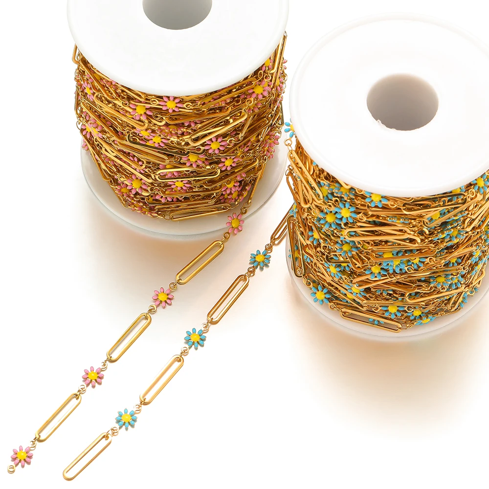 1 Meter Stainless Steel Enamel Flowers Long Buckle Gold Color Flat Chains for Necklace Bracelet Findings DIY Jewelry Making