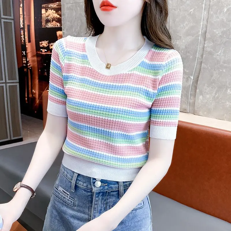 Trend Simplicity Versatile Summer T-Shirts Women O-Neck Striped Ice Silk Patchwork Fashion Casual Short Sleeve Slim Knit Tops